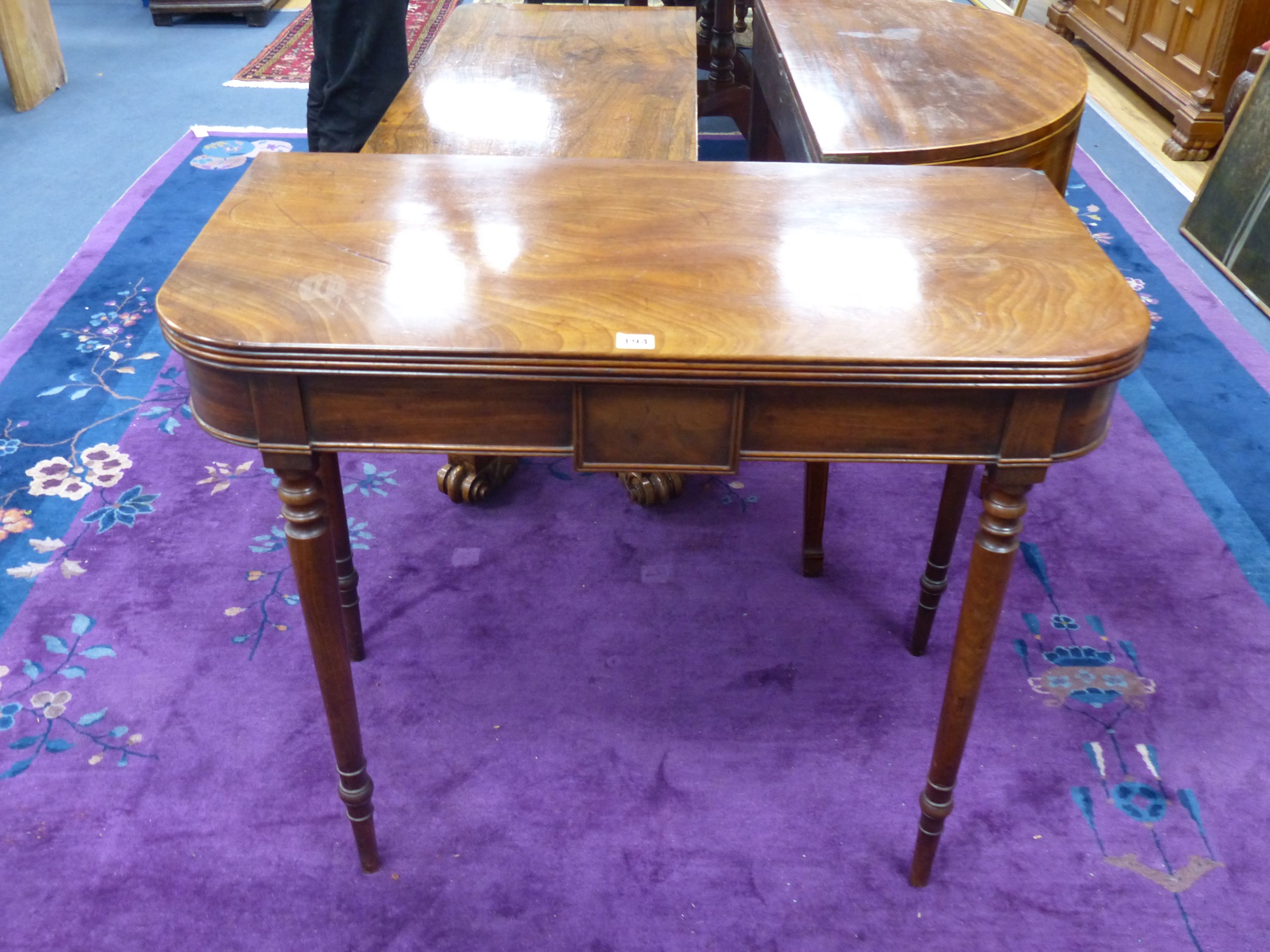 A Regency mahogany folding tea table, width 90cm, depth 45cm, height 73cm